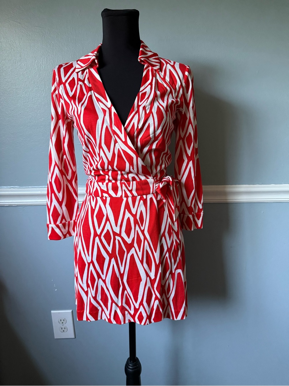 Diane Von Furstenberg Red and White Geometric Wrap Dress